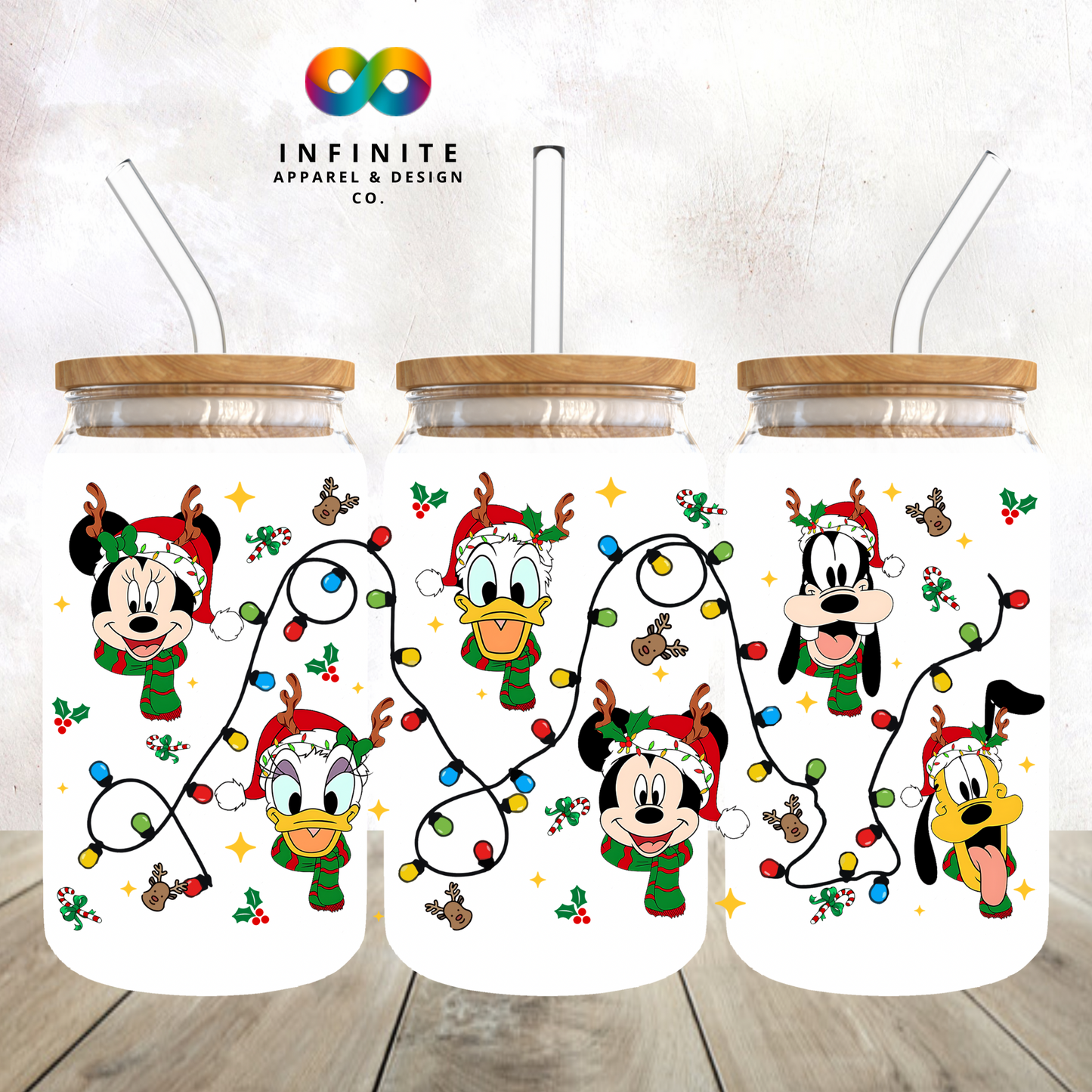 Mouse and Friends Christmas Lights Glass Can Cup