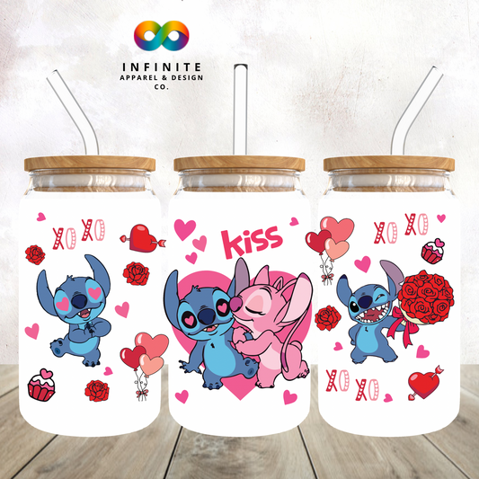 Blue and Pink Alien Kiss Valentines Glass Can Cup