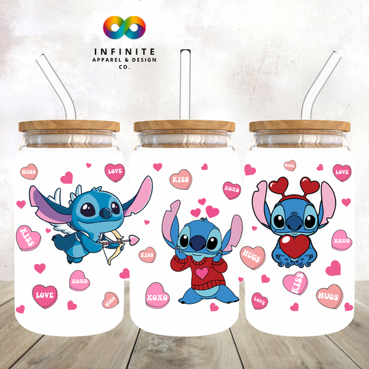 Blue Alien XOXO Valentine Glass Can Cup