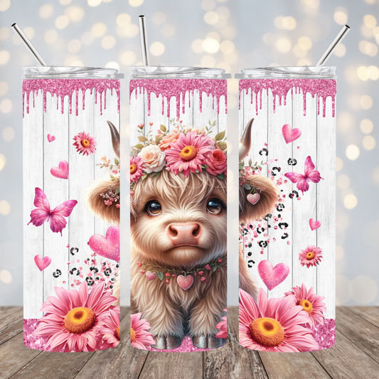 Pink Sunflower Baby Highland Cow Tumbler